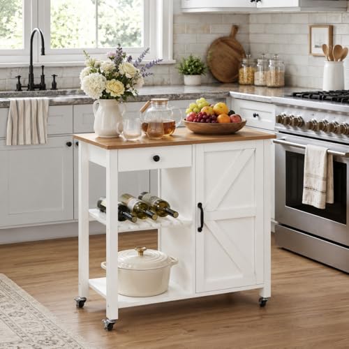 Small Kitchen Island Cart on Wheels with 31.4'' Wood Tabletop, White | Farmhouse Rolling Kitchen Island with Storage, Lockable Wheels, Drawer, Adjustable Shelf and Wine Rack for Dining Room - style: White