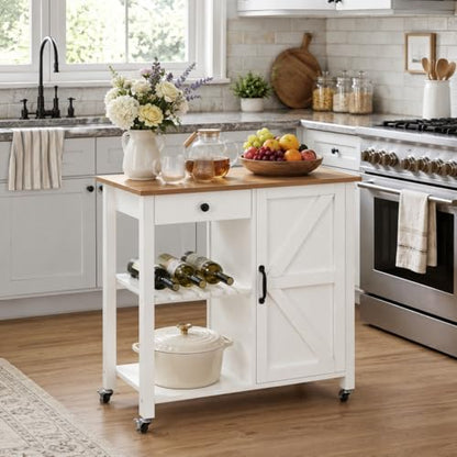Small Kitchen Island Cart on Wheels with 31.4'' Wood Tabletop, White | Farmhouse Rolling Kitchen Island with Storage, Lockable Wheels, Drawer, Adjustable Shelf and Wine Rack for Dining Room - style: White