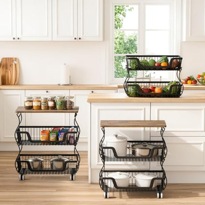3-Tier Rolling Kitchen Storage Cart Fruit Basket Stand for Vegetables & Snacks Stackable Wire Pantry Floor Organizer with Wheels for Kitchen, Living Room, Bedroom, Office (Black) - size: 3-Tier