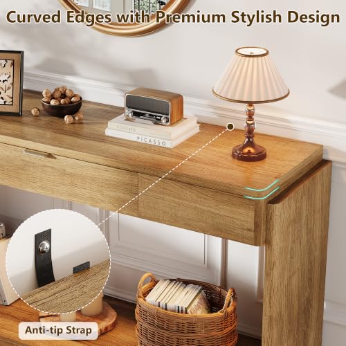 Feonase 71" Long Console Table with Drawer and LED, Wooden Farmhouse Sofa Table Behind Couch, Modern Entryway Table for Living Room, Hallway, Entrance, Foyer, Oak Brown