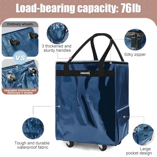Reusable Grocery Bag Tote Bag with Wheels, Foldable Rolling Tote Bag with 3 Handles and Zipper - color: Navy Blue, size: Medium