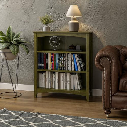 Camaflexi Shaker Style 3 Shelf Bookcase/Solid Wood / 36" High/Adjustable Shelving/Closed Back/Display Bookshelf for Living Room, Bedroom, Home and Office, Olive Grove Green - color: Olive Grove Green, size: 36"