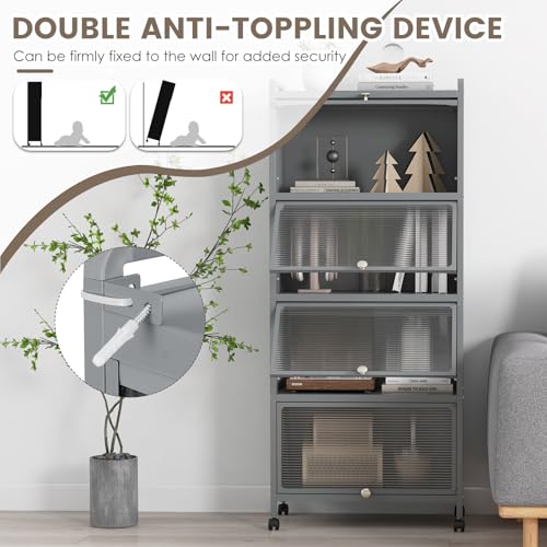 5-Tier Kitchen Storage Cabinet, Mobile Microwave Stand with Metal Frame, 4 Lockable Casters & Flip-up PC Doors, Freestanding Bakers Rack for Kitchen, Dining Room, Living Room (Grey) - color: Grey