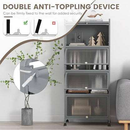 5-Tier Kitchen Storage Cabinet, Mobile Microwave Stand with Metal Frame, 4 Lockable Casters & Flip-up PC Doors, Freestanding Bakers Rack for Kitchen, Dining Room, Living Room (Grey) - color: Grey