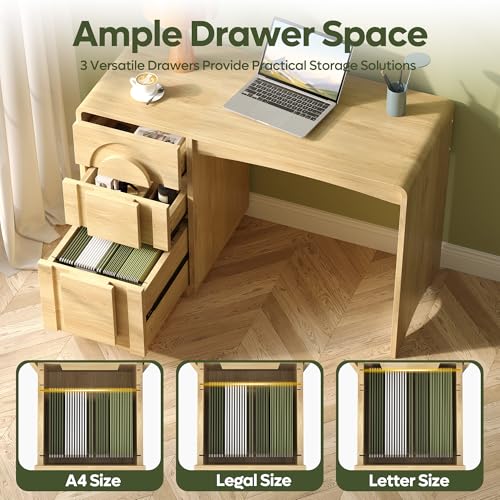 Bestier 47 inch Wood Home Office Desk with 3 Drawers, Modern Executive Desk with Storage, Arched Computer Desk for Writing Study Bedroom, Natural Oak - color: Oak