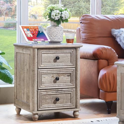 RWYHG 18" Night Stand with Charger Station, Nightstand with 3 Drawers | Farmhouse Modern Bedside Table, Metal Handle, Roman Column Legs, Grey Bed Side End Tables for Bedroom Living Room - color: Gray Oak, size: 18"D x 18"W x 24"H (3 Drawers)