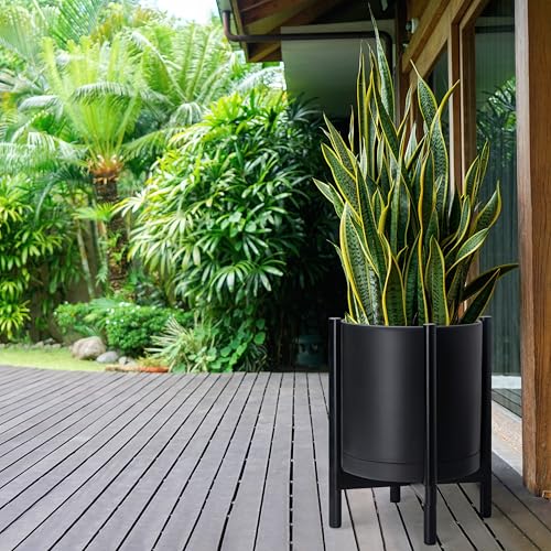 D'vine Dev Plastic Pot with Ebony Wood Stand, Black, 16 in, 55-C-Z-2 | Mid-Century Inspired Design, Elevated Plant Display, Clean Lines, Sturdy Support, Modern Space-Saving Style - color: Matte Black Pot + Ebony Stand, size: 16 Inch