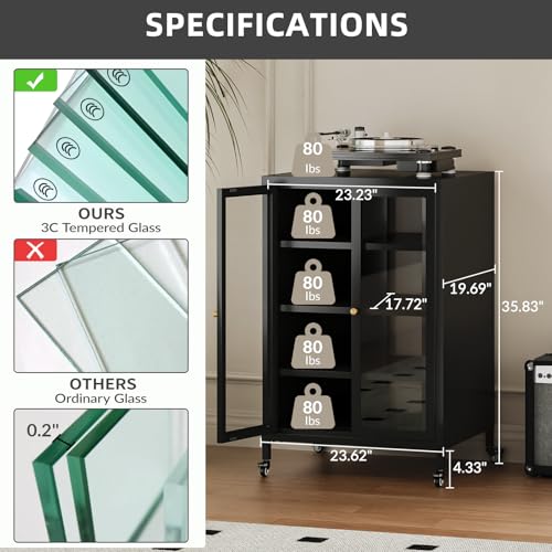 Metal Media Cabinet with Swivel Wheels & Glass Doors, 4-Tier Stereo Cabinet, Adjustable Shelves AV Rack with Cable Management, Black - color: Black, style: Swivel Wheels