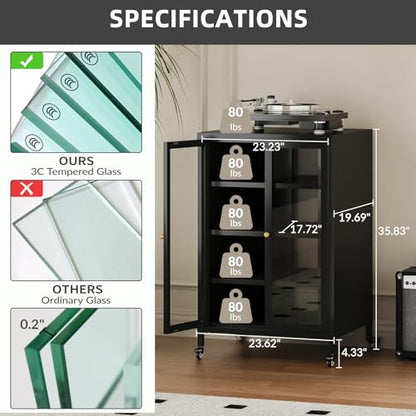 Metal Media Cabinet with Swivel Wheels & Glass Doors, 4-Tier Stereo Cabinet, Adjustable Shelves AV Rack with Cable Management, Black - color: Black, style: Swivel Wheels