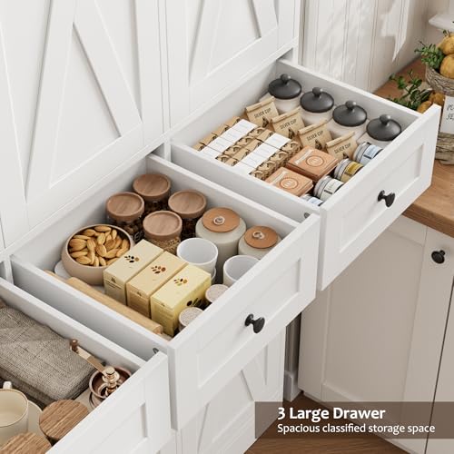 HOSTACK 67"H Farmhouse Kitchen Pantry Storage Cabinet with 3 Drawers, White | Large Food Pantry Cabinet with Swing-Out Door Rack & Adjustable Shelf for Kitchen, Dining room, Living room - color: White