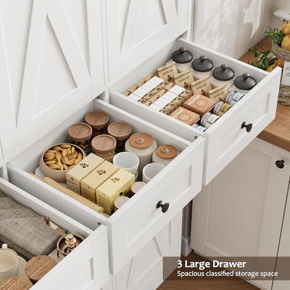 HOSTACK 67"H Farmhouse Kitchen Pantry Storage Cabinet with 3 Drawers, White | Large Food Pantry Cabinet with Swing-Out Door Rack & Adjustable Shelf for Kitchen, Dining room, Living room - color: White