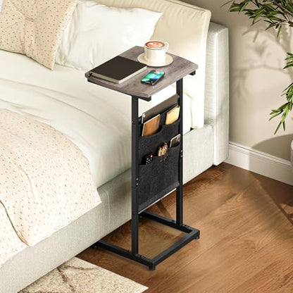 HOOBRO C Shaped End Table, 28.3" Side Table for Small Spaces, Couch Table, Slide Under Sofa Tray Table, Storage Bag, for Living Room, Bedroom, Greige and Black BG40SF01 - color: Greige + Black