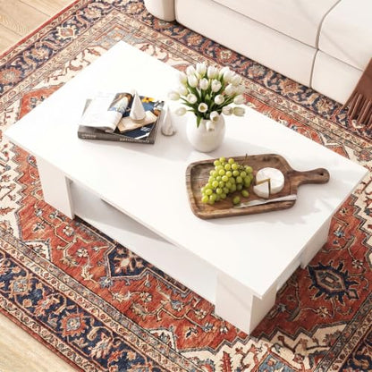 POWERSTONE 41 Inch 2-Tier Coffee Table with Storage Shelf, Wood Farmhouse Center Table with L Legs & Extra Bottom Support for Living Room, White - color: White