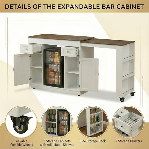 ARTETHYS 48”- 80” Extendable Kitchen Island with Fridge Storage for Kitchen | White Expanded Kitchen Counter with Compartment & Drawers, Sideboard Buffet Table with Cabinet and Side Rack - color: White