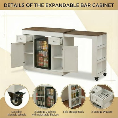 ARTETHYS 48”- 80” Extendable Kitchen Island with Fridge Storage for Kitchen | White Expanded Kitchen Counter with Compartment & Drawers, Sideboard Buffet Table with Cabinet and Side Rack - color: White
