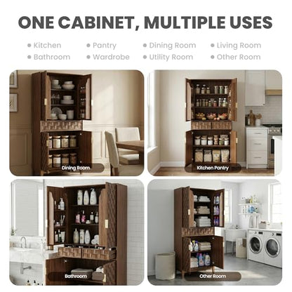 Pantry Cabinet, 71" Tall Pantry Cabinet,Modern Kitchen Cabinet with Doors, Drawers & Adjustable Shelves, Freestanding Food Pantry Cupboard with Side Rack for Kitchen Dining Room,Walnut - color: Walnut-new
