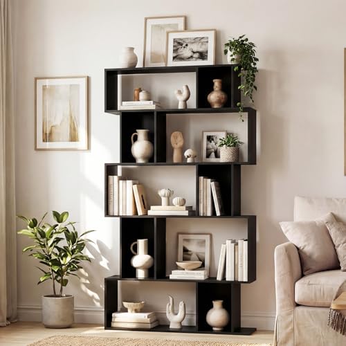 GOFLAME 5-Tier Geometric Bookshelf, 62” Tall Bookcase with 10 Open Back & Closed Back Cubes, Modern Display Book Shelf, S-Shaped Storage Organizer for Living Room, Home Office (1,Black) - color: Black