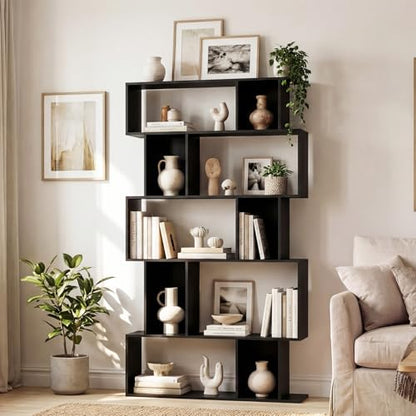 GOFLAME 5-Tier Geometric Bookshelf, 62” Tall Bookcase with 10 Open Back & Closed Back Cubes, Modern Display Book Shelf, S-Shaped Storage Organizer for Living Room, Home Office (1,Black) - color: Black