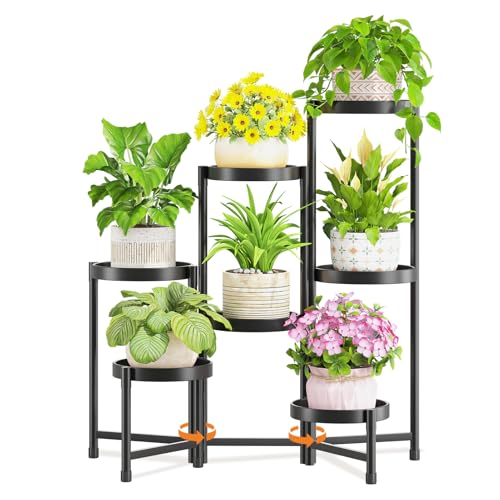 LASZOLA 7 Tiered Folding Tall Plant Stand Indoor for Multiple Large Planter, Heavy Duty Metal Adjustable Flower Rack for Narrow Corner, Sturdy Vertical Spiral Shelving Holder for Modern House, Black - size: 7 Tier, Black