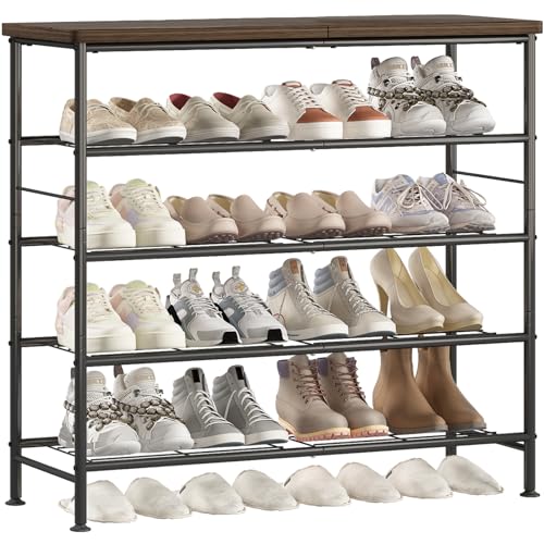 SUOERNUO Shoe Rack Organizer 5 Tier for Closet Entryway Free Standing Metal Storage Shoe Shelf with MDF Top Board，Black+Rustic Brown - color: Black+rustic Brown, size: Standard 5 Tier