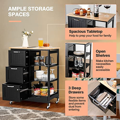 Giantex Kitchen Island Cart with Storage, Bar Serving Cart on Wheels with 3 Deep Drawers, Open Shelves & Removable Tray, Rolling Kitchen Trolley Cart for Home Kitchen, Dining Room, Bar - color: Black