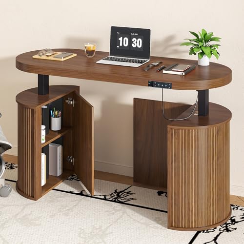 Mid Century Modern Electric Standing Desk with Storage, 55 x 22 Inch Small Sit Stand Up Desk, Wood Adjustable Height Computer Executive Desk for Home Office, Laptop, Walnut - color: Walnut