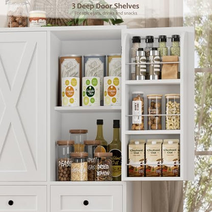 HOSTACK 67"H Farmhouse Kitchen Pantry Storage Cabinet with 3 Drawers, White | Large Food Pantry Cabinet with Swing-Out Door Rack & Adjustable Shelf for Kitchen, Dining room, Living room - color: White