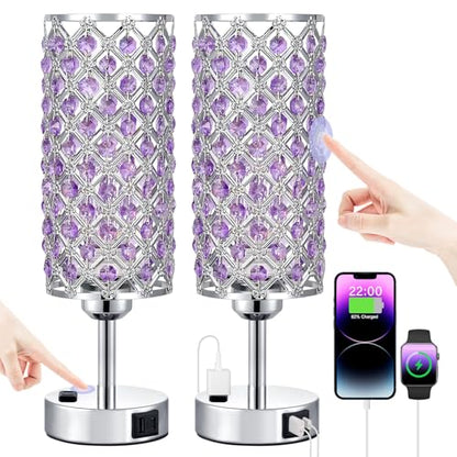 Hong-in Crystal Lamps Set of 2, 3 Way Dimmable Touch Lamp with Crystal Shade, Bedside Nightstand Lamps for Living Room Bedroom Home Office(Purple) - color: Purple