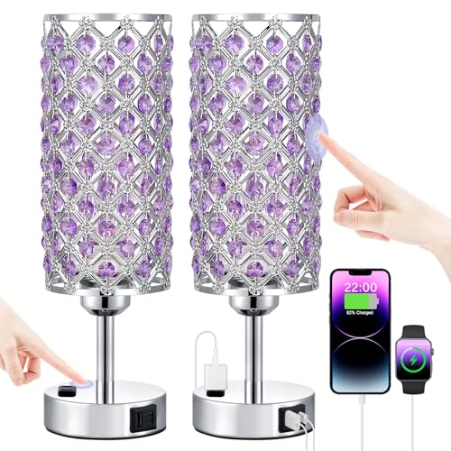 Hong-in Crystal Lamps Set of 2, 3 Way Dimmable Touch Lamp with Crystal Shade, Bedside Nightstand Lamps for Living Room Bedroom Home Office(Purple) - color: Purple