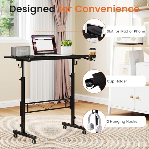Hadulcet Small Standing Desk Adjustable Height, Mobile Stand Up Desk with Wheels, Portable Walking Pad Table Stand, Rolling Laptop Cart for Standing or Sitting, Black - color: Black