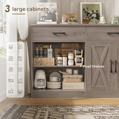 HOSTACK 71" W Farmhouse Kitchen Sideboard Buffet Cabinet with Storage, Grey | Large Coffee Bar Cabinet with 3 Wide Drawers, Long Buffet Table with Shelves, Kitchen Storage Cabinet for Dining Room - color: Ash Grey