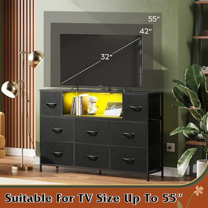 WLIVE Black Dresser TV Stand for 45, 50, 55 inch TV, Entertainment Center with LED Lights & Charging Station, Chest of Drawers with 8 Fabric Drawers and Open Shelves for Living Room, Hallway, Wood Top - color: Black