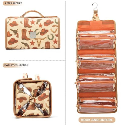 Roll Up Makeup Bag, Travel Toiletry Bag for Women with 4 Clear TSA Approved Pouches, Hanging Travel Organizer, Folding Cosmetic Bag for Men and Women - color: cowboy