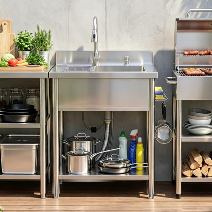 Stainless Steel Utility Sink, 29.5" Single Bowl Freestanding Laundry Sink with 360° Hot & Cold Water Faucet, Hoses & Drain Kit, Outdoor/Indoor Commercial Sink for Kitchens, Garage, Laundry Room - size: 29.54" x 19.7" x 35.2"