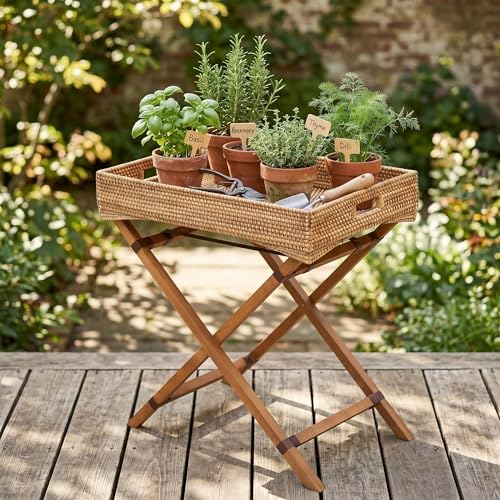 BreezeHug Rattan Side Table with Removable Tray, Foldable TV Tray Table for Couch, Small Space Snack Tables for Living Room, Balcony & Bedroom, Lightweight Wooden Stand