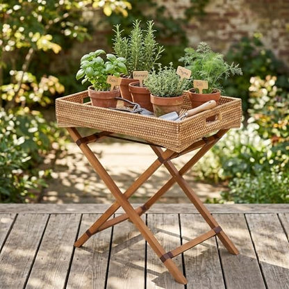 BreezeHug Rattan Side Table with Removable Tray, Foldable TV Tray Table for Couch, Small Space Snack Tables for Living Room, Balcony & Bedroom, Lightweight Wooden Stand