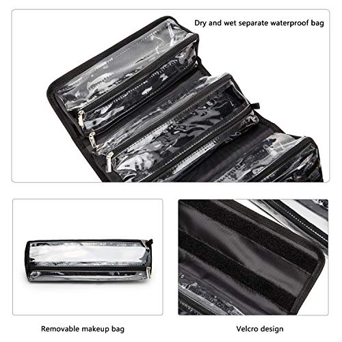 Roll Up Makeup Bag, Travel Toiletry Bag for Women with 4 Clear TSA Approved Pouches, Hanging Travel Organizer, Folding Cosmetic Bag for Men and Women - color: Black