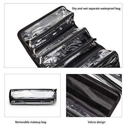 Roll Up Makeup Bag, Travel Toiletry Bag for Women with 4 Clear TSA Approved Pouches, Hanging Travel Organizer, Folding Cosmetic Bag for Men and Women - color: Black