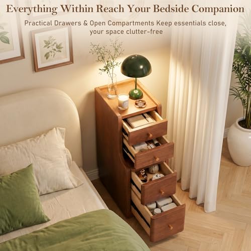 Narrow Nightstand with 4 Drawers, 7.9" Solid Wood Narrow Bedside Table Walnut with Open Shelf & Cable Hole, Modern Night Stand Slim Bedside Table for Bedroom(Fully Assembly) - color: Walnut