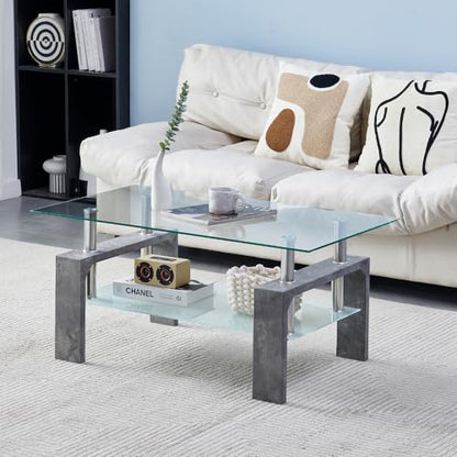 Living Room Rectangle Coffee Table, Tea Table Suitable for Waiting Room, Modern Side Coffee Table with Wooden Leg, Glass Tabletop with Lower Shelf,Grey Marble - color: Grey Marble