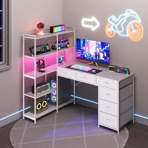 L Shaped Gaming Desk, 6 Drawer Computer Desk with Power Outlets, Reversible Corner Desk with Storage Shelves, Small L-Shaped Desk for Home Office, Space Saving Game Table, White