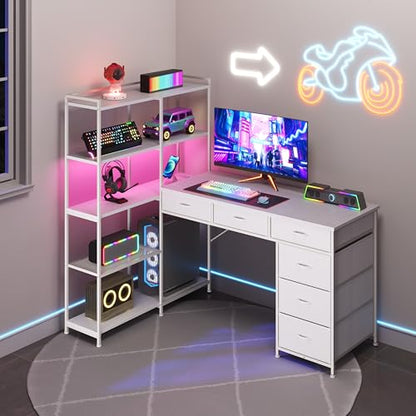 L Shaped Gaming Desk, 6 Drawer Computer Desk with Power Outlets, Reversible Corner Desk with Storage Shelves, Small L-Shaped Desk for Home Office, Space Saving Game Table, White