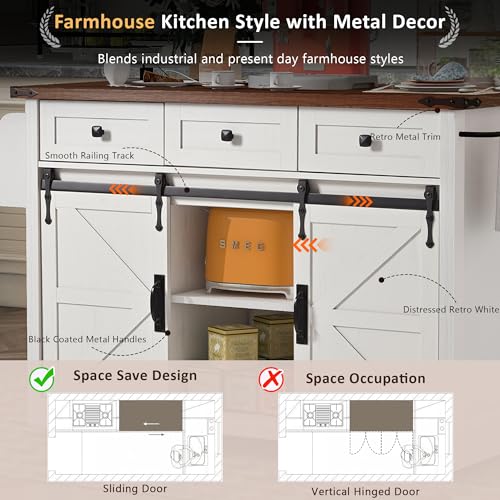 Ball & Cast Kitchen Island with Storage,53.7" Farmhouse Rolling Kitchen Island Cart w/Power Outlet & Drop Leaf,Mobile Island Table w/3 Drawers,Towel Rack and Spice Rack,for Home and Dining Room,White - color: White