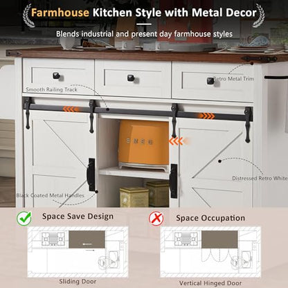 Ball & Cast Kitchen Island with Storage,53.7" Farmhouse Rolling Kitchen Island Cart w/Power Outlet & Drop Leaf,Mobile Island Table w/3 Drawers,Towel Rack and Spice Rack,for Home and Dining Room,White - color: White