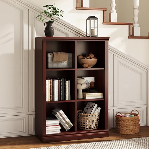 Bevfint Vertical 6-Cube Bookshelf - 3-Tier 6 Cube Storage Organizer, Open Bookcase and Book Shelves, 30 inch Width Wooden Book Case for Home Library Office, Mahogany - color: Mahogany, size: 3-tier 6-cube