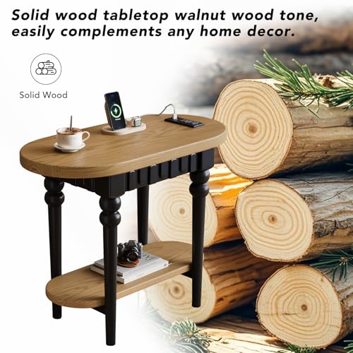 Oval End Table with Charging Station, 2-Tier Natural Wood Side Table with USB Ports & Power Outlets, for Living Room, Sofa, or Nightstand in Bedroom