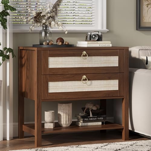 Xixini Rattan Nightstand with 2 Drawers and Open Shelf, 27" Wide Boho Bedside Table with Brass Knobs, Mid-Century Modern Wooden End Table for Bedroom, Walnut - color: Walnut