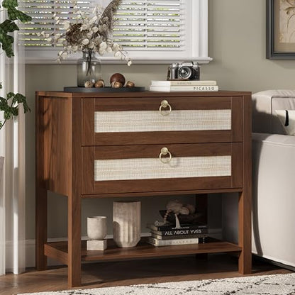 Xixini Rattan Nightstand with 2 Drawers and Open Shelf, 27" Wide Boho Bedside Table with Brass Knobs, Mid-Century Modern Wooden End Table for Bedroom, Walnut - color: Walnut