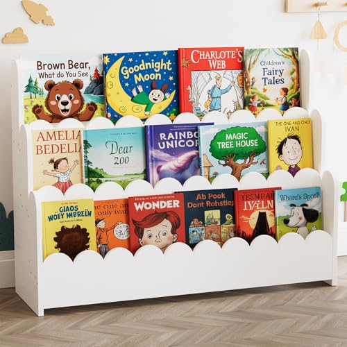 SpaceAid 3-Tier Scalloped Bookshelf, Montessori Bookcase for Toddlers, Wooden Book Shelf Organizer Display Furniture for Kids Rooms, Playroom, Nursery and Classroom, 36.7“ Wide, White - color: White, size: 3 Tier, 36.7" W