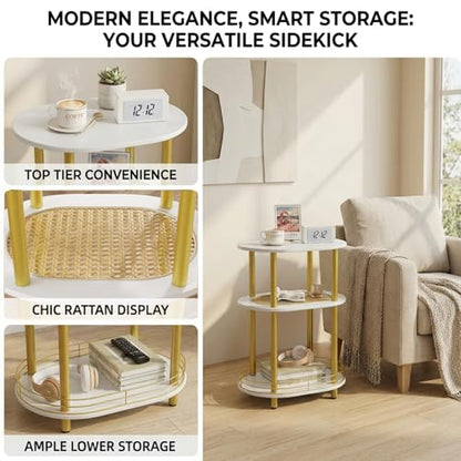 Small Rattan Side/Accent Table with Storage, 3 Tier Round/Oval End Table with Rattan Shelf & Metal Basket, Boho Nightstand, Tool Free Assembly/Screw-Hole Free Tabletop-Living Room Bedroom-Black - color: White-rattan, size: 1PC
